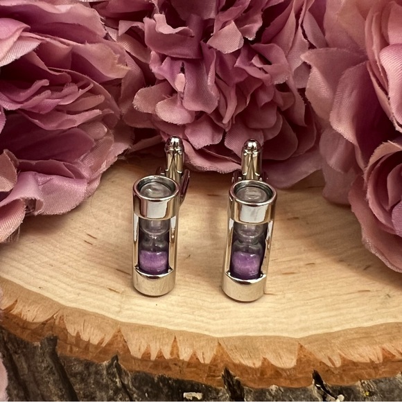 Unique Silver Cylinder Purple Sand Hourglass Cufflinks - Picture 6 of 17